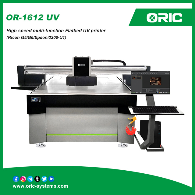 OR-1612 UV High speed multi-function Flatbed UV printer Y-axis dual screw drive / Accurate ink volume and iquid level display / Horizontal printing width 1600mm / Printing height ≤15cm