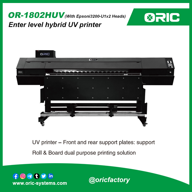 OR-1802H UV 1.8M Enter level hybrid UV printer UV Roll To Roll And Hybrid All-In-One Printer EpsonI3200-U1x2 Front and rear extended table support roll to roll & Board dual purpose printing solution